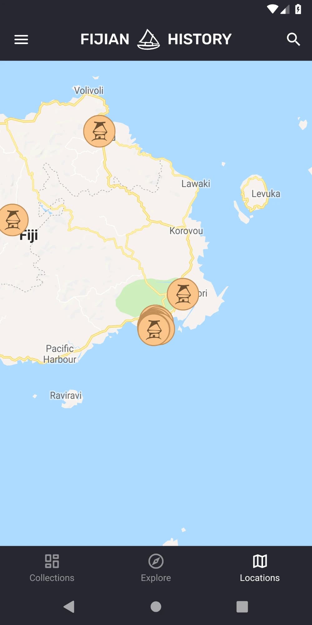 Locations screen: a map of Fiji with pins on historical sites